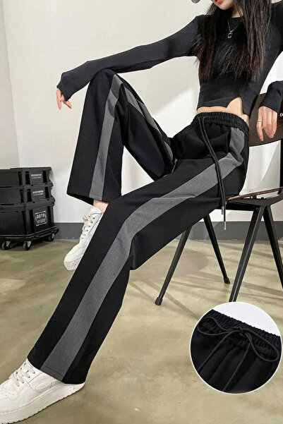 İlayda Toprak Stripe Gri Garnili Premium Kumaş Bol Kalıp Siyah Eşofman Altı