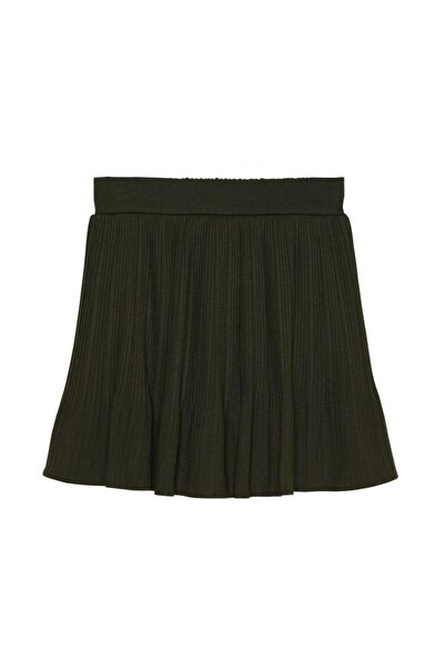 Quzu Basic Mini Skirt with Pile Detail and Elastic Waist - Khaki
