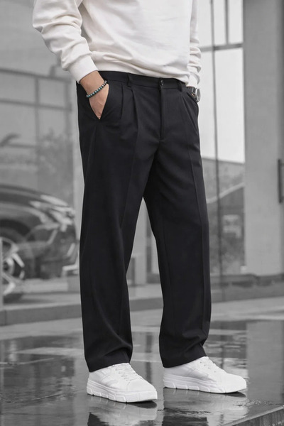 COMBİNE MİCHAİL Ανδρικό παντελόνι με διπλές πιέτες, φαρδύ, μαύρο