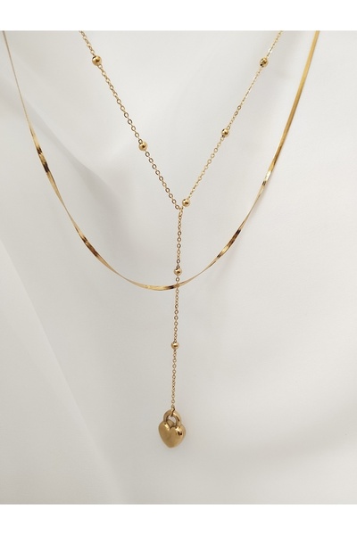 Rasa Raşa Design Gold Y Model Toplu ve Kilit Figürlü Çift Zincir Kadın Kolye ...