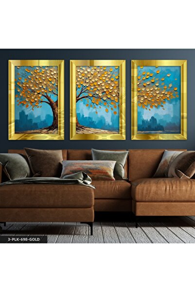 Evinemoda Pictură cu oglindă din plexiglas auriu, cu copac floral, 3 piese