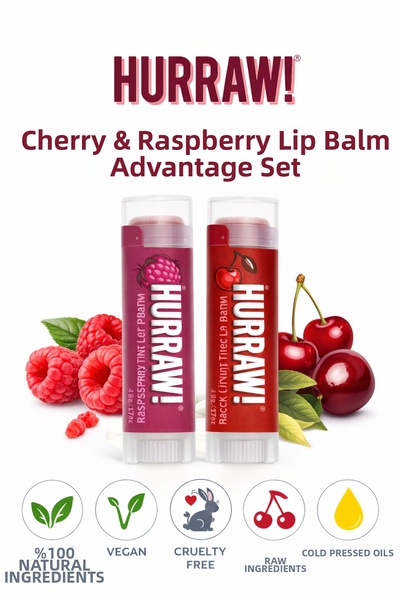 Hurraw ! مجموعة مرطب الشفاه بالكرز والتوت 2 قطعة - طبيعي 100%، نباتي، للعناية...