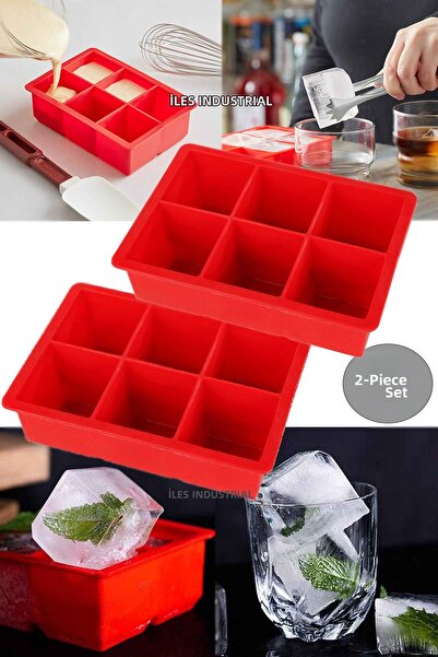 İLES قالب ثلج سيليكون 6 قطع مقاس كبير XL متعدد الأغراض أحمر 2 قطعة