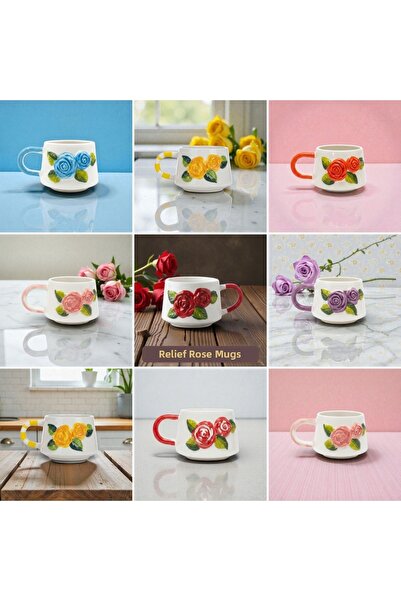 İlbay Çini Takı Embossed Six Pieces Six Colors Rose Mug