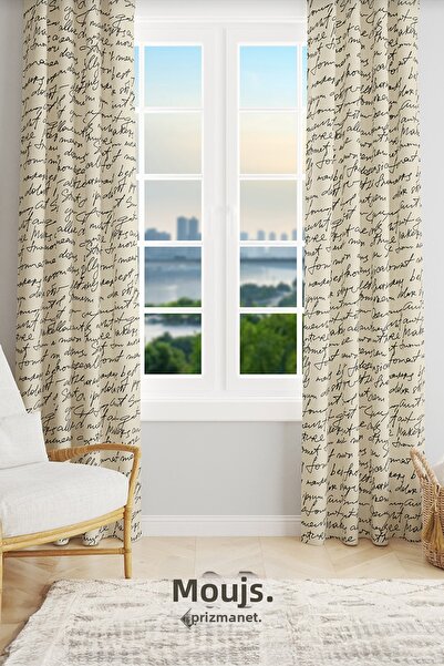 Moud's Кремава велурена завеса с ръкописни шарки за хол, фон за хол, екстра з...