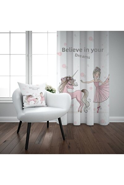 EVSEHOMES Розова завеса за детска стая с мотив розова еднорог и балерина