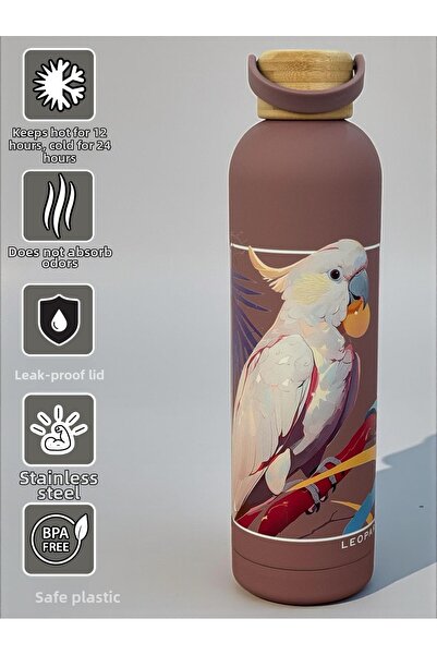 SANALTİCARETİM ترمس ستانلس ستيل سعة 1000 مل مع غطاء من الخيزران وشكل ببغاء با...