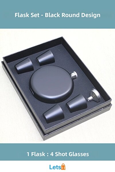Letsii طقم زجاجة مياه دائرية سوداء من الفولاذ المقاوم للصدأ مع 4 أكواب شوت