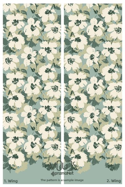 Moud's Green Floral Patterned Suede Living Room Hall Background Curtain Printed Extrafoam Drawstring 2 Wings Prd-1037