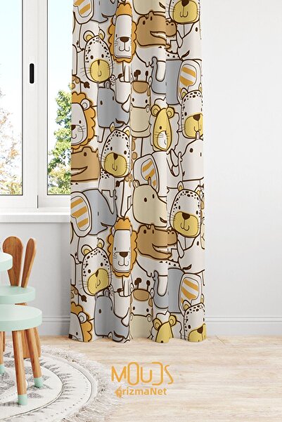 Moud's Orange Suede Printed Little Animals Patterned Curtain - Children's and...