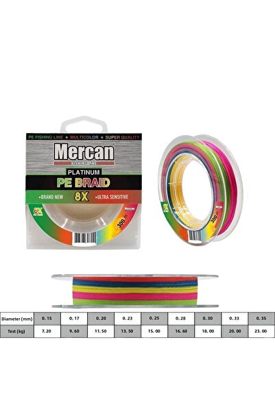 MERCAN MİSİNA Mercan Platinum Pe 8x حبل محبوك 300 متر بكرة صيد متعددة الألوان