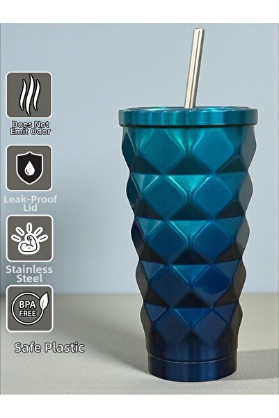 SANALTİCARETİM Ocean Colorful Geometric Thermos with Straw 500 Ml-For Cold an...