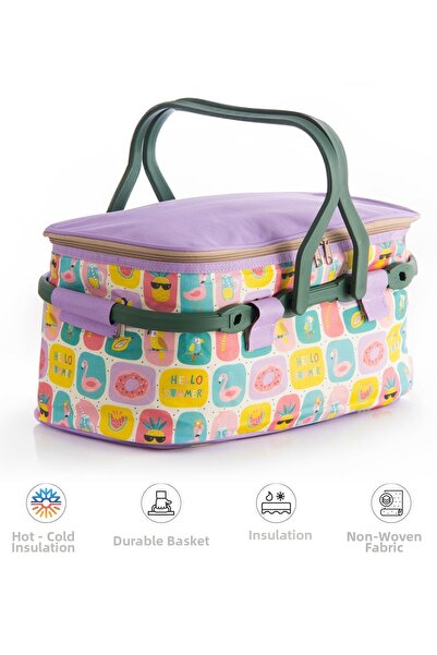Homedius Thermos Insulated Patterned Foldable Picnic Basket Purple 20 Lt