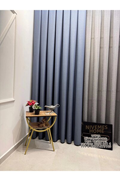 NİVEMESHOME Roma Indigo 1/3 Folding Pleated Background Curtain Apm