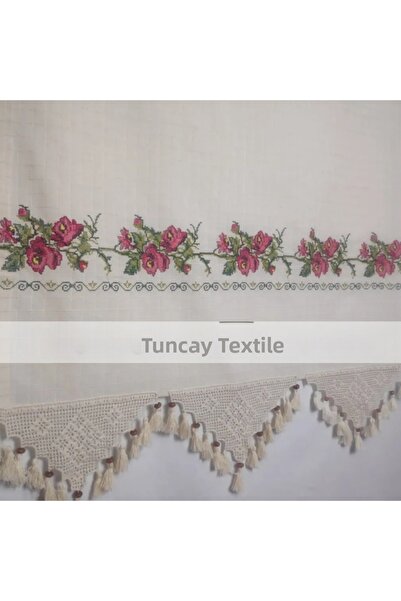 TUNCAY TEKSTİL Red Cross Stitched Cotton Hand Lace Woven Cross Stitch Sunshad...