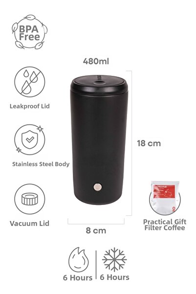Espressolab Black Matte Textured Stainless Steel Thermos 480 ml with Lid No:93