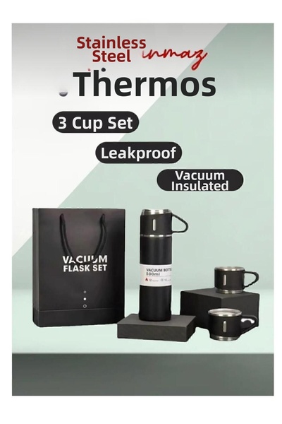 Generic Brand Thermos with 3 cups, stainless steel thermos, vacuum bag gift thermos
