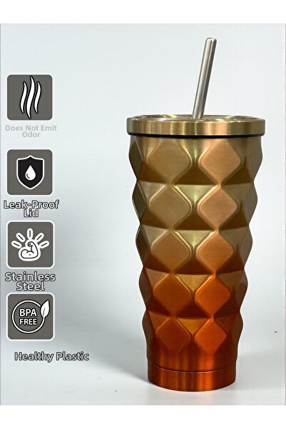 SANALTİCARETİM Cappuccino Colored Geometric Thermos with Straw 500 Ml-For Col...