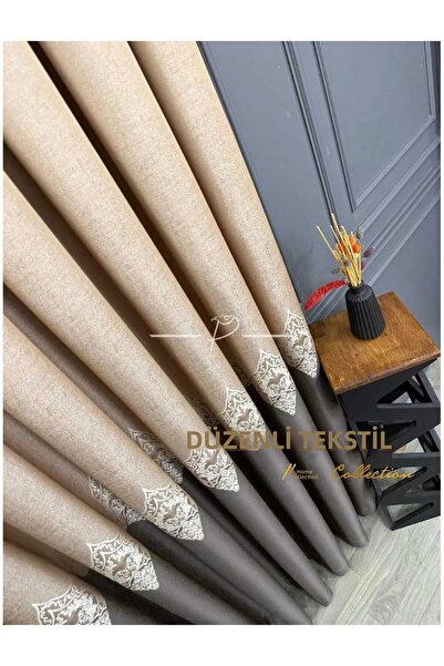 Perde Pendik Evora Patterned Cream Background Curtain - Tight Pleated Brown (...