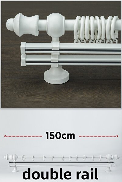 wenthi Suport pentru perdele din lemn alb rustic cu două șine Venti 150 cm