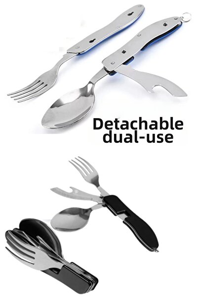 Duffa طقم سكاكين وشوكة للتخييم قابل للطي 4 في 1 مع فتاحة غطاء، طقم فولاذي قاب...