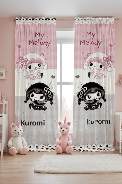 EVPANYA Pink Gray Hearts Kuromi and My Melody Patterned Children's Baby Room ...