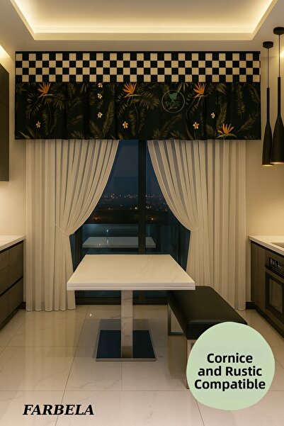 perde plus Black Floral Pattern Decorative Farbela, Short Modern Valance Curt...