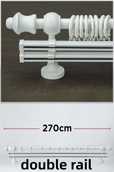 wenthi Suport pentru perdele din lemn alb rustic cu două șine Venti 270 Cm