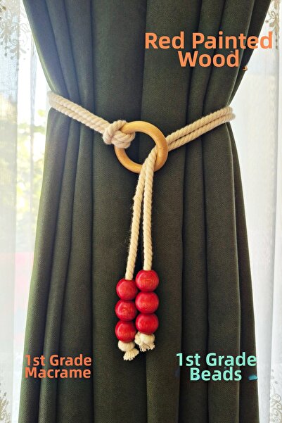 Armashine Suport pentru perdea din macrame cu mărgele și inele din lemn roșu ...