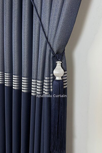 istper Panel Background Curtain Navy Blue Gold Detail Patterned 1/3 Tight Ple...