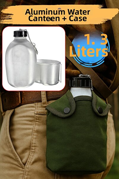 Badem10 زجاجة مياه للتخييم من الألومنيوم مع حافظة، زجاجة مياه معدنية متينة وم...