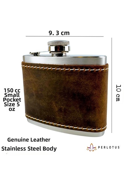 PERLOTUS 5 oz 150 Cc Hazelnut Brown Crazy Leather Sheathed Handmade Steel Whi...