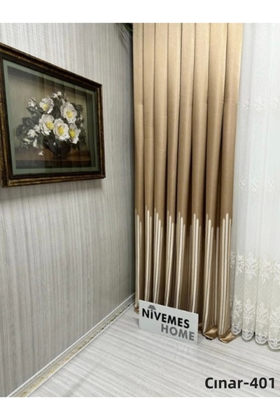 NİVEMESHOME Nivemeshome Bellow Gold 401 1/3 Frequent Pleated Background Curta...