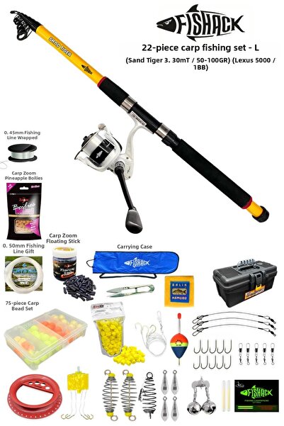 Fishack طقم صنارة صيد سمك الشبوط 22 قطعة L - 3.30MT / 50-100GR