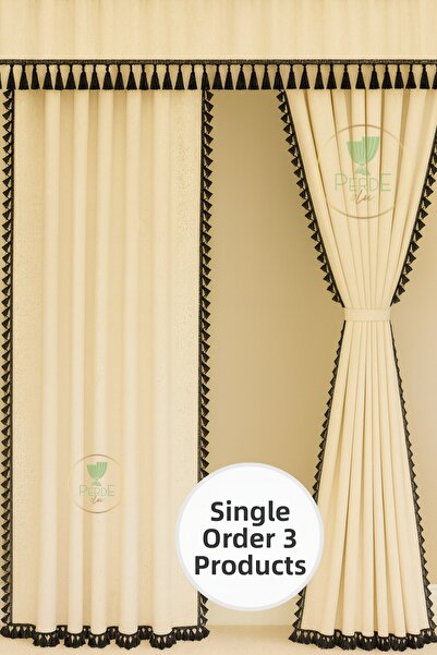 perde plus Tasseled, Colored Curtain Set – Set of 3, Rustic & Cornice Compatible
