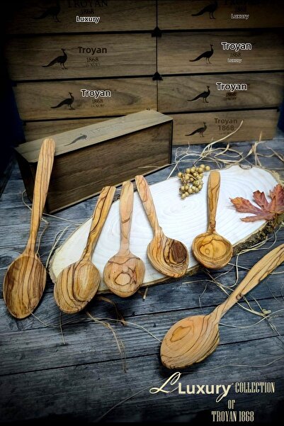 TROYAN 1868 ملعقة شوربة من خشب الزيتون الطبيعي مكونة من 6 قطع، طقم عرض أنيق ف...