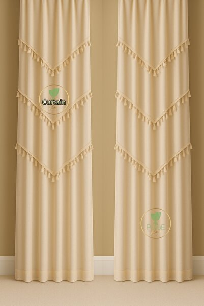 perde plus Perdele de fundal cu design cu ciucuri în 3 rânduri în stil boem