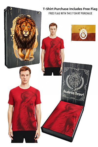 Galatasaray Γνήσιο μπλουζάκι Aslan με τύπωμα με άδεια χρήσης με σημαία και κο...