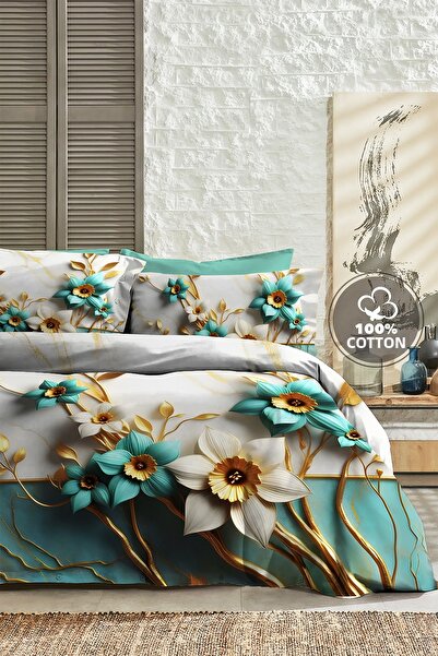 MonoHome 100% Cotton Percale King Size Duvet Cover Set 5D Digital Turquoise-2...