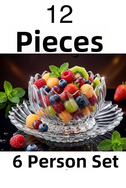 DİBA AVM طقم تقديم زجاجي مكون من 12 قطعة لـ 6 أشخاص - طبق حلويات - طبق عرض - ...
