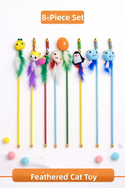 İKONİXPET Cat Play Fishing Rod Set of 8 – Cat Toy with Bells, Feathers, and C...