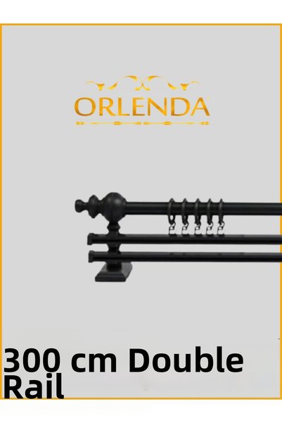 Orlenda Black Wooden Head Aluminum Pipe Rustic Curtain Hanger Double Rail 300 Cm