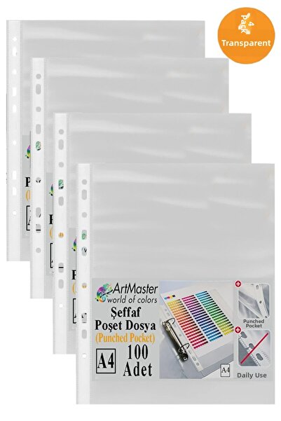 Artmaster حقيبة ملفات 100 قطعة مقاس A-4 شفافة، 4 عبوات للمكتب والمدرسة مع ثقو...