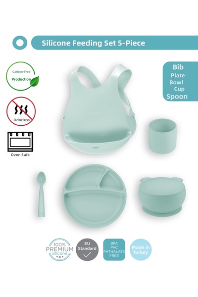 OiOi طقم ريفر جرين مكون من خمس قطع (مريلة + طبق + وعاء + كوب + ملعقة)