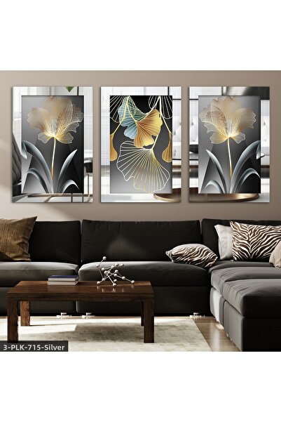 Evinemoda Artă abstractă Floare de aur Tablou cu oglindă din plexiglas, 3 piese