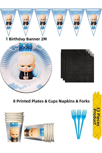 HAPPYLOOPPARTY طقم حفلة عيد ميلاد بتصميم باترون بيبي يشمل أطباق وأكواب ومنادي...