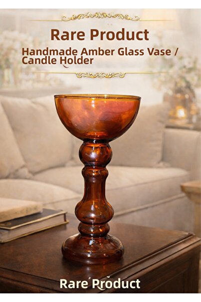 onyyapim Rare Item |   Handmade Blown Amber Colored Glass Vase / Candle Holder