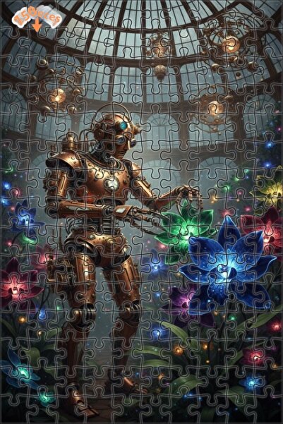 Teona Ahşap Steampunk Robot and Magical Flowers Oil Painting Double-Deck Fram...