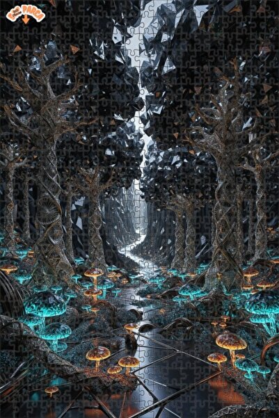 Teona Ahşap Crystal Forest Magic Glittering Mushrooms Double Layer Framed Woo...