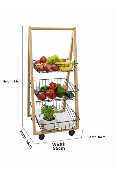 Amentes سلة معدنية بعجلات من الخيزران